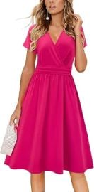 Newshows Womens Summer Short Sleeve Casual Dresses V Neck Floral Vacation Sundress Faux Wrap Midi Dress with Pockets at Amazon