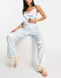 Night satin cami pajama set with detachable faux feather trim in aqua at ASOS