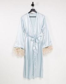 Night satin robe with detachable faux feather trim in aqua at ASOS