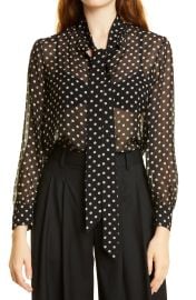 Nili Lotan Carina Tie Neck Silk Top in Black/Beige Dot  at Nordstrom