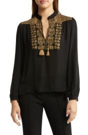 Nili Lotan Renee Embroidered Placket Silk Top at Nordstrom