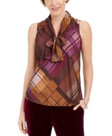 Nine West Plaid Tie-Neck Top at Macys