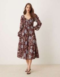 Nobodys Child Amaya balloon sleeve midi dress in brown floral at ASOS