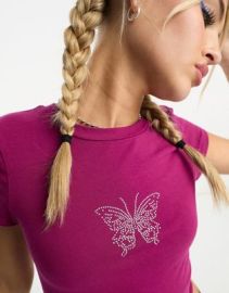 Noisy May cropped diamante butterfly T-shirt in pink at ASOS