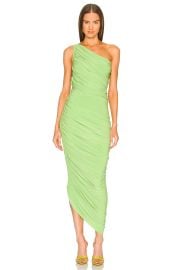 Norma Kamali Diana Ruched One Shoulder Gown in Gemini Green at Revolve