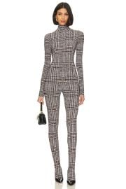 Norma Kamali Long Sleeve Open Back Catsuit With Footsie In Chocolate Glenn Plaid Tweed at Revolve