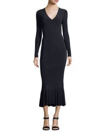 Norma Kamali Long-Sleeve V-Neck Fishtail Midi Cocktail Dress at Neiman Marcus