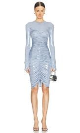 Norma Kamali Long Sleeve V Neck Shirred Front Dress To Knee In Misty Blue at Revolve