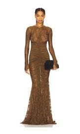 Norma Kamali Long Sleeve V Neck Shirred Front Fishtail Gown In Bark at Revolve