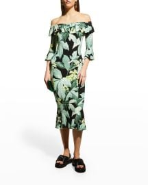 Norma Kamali Off-Shoulder Ruffle Midi Fishtail Dress at Neiman Marcus