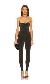 Norma Kamali Strapless Shirred Front Catsuit In Espresso at Revolve