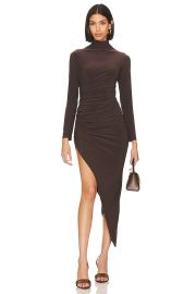 Norma Kamali Turtle Neck Side Drape Gown in Chocolate at Revolve