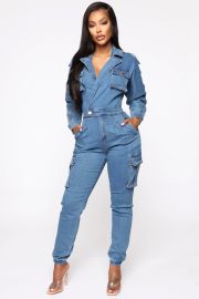 Not Worried About That Cargo Jumpsuit - Medium Blue Wash   Jumpsuits at Fashion Nova