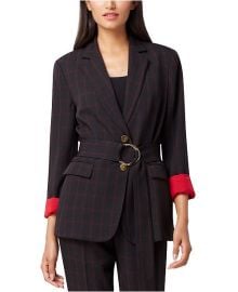 Notch Collar Belted Windowpane Jacket with Hardware at Amazon