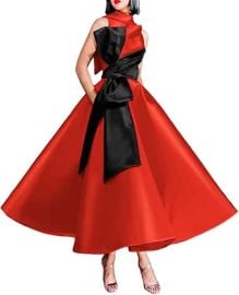 Noufany Elegant Ball Gown High Neck Ankle Length Color Block Evening Dress Sleeveless Satin Formal Dress with Bow 2024 at Amazon
