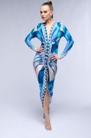 ODETTE SCARF PRINT MIDI DRESS IN TEAL at Akira