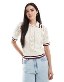 ONLY knit short sleeve polo shirt with stripes in beige at ASOS
