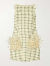 OSCAR DE LA RENTA Sequin-embellished feather-trimmed checked cotton-blend tweed mini dress at Net a Porter