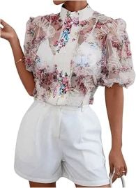 OYOANGLE Women's Floral Print Mesh Sheer Pearl Button Down Blouse Mock Neck Puff Short Sleeve Ruffle Trim Shirt at Amazon