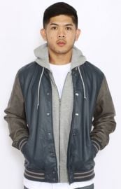 Obey Varsity Hooded Leather Jacket in Blue and Grey  REVOLVE at Revolve