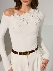 Off-Shoulder 3D Floral Embellished T-Shirt COMMENSE at Commense