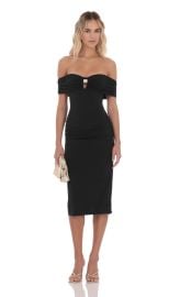 Off Shoulder Keyhole Midi Dress in Black LUCY IN THE SKY at Lucy in the Sky