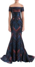 Off The Shoulder Lurex Jacquard Gown at J Mendel