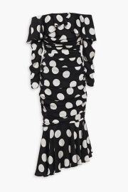 Off The Shoulder Ruffled Polka Dot Silk Blend Satin Midi Dress at The Outnet