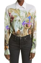 Off White Botanical Print Silk Button Up Shirt at Nordstrom