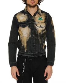 Off-White Men  x27 s Distressed Spots-Washed Slim Denim Jacket at Neiman Marcus