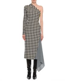 Off-White One-Shoulder Long-Sleeve Houndstooth Fitted Dress w  Drape Detail at Neiman Marcus