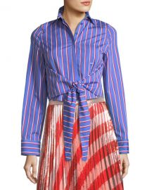 Off-White Pinstripe Ruffle-Back Tie-Front Shirt   Neiman Marcus at Neiman Marcus