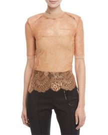 Off-White Short-Sleeve Crewneck Sheer Lace Top w  Shoulder Pads at Neiman Marcus