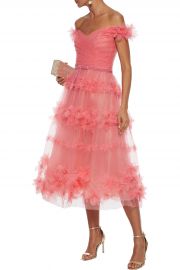 Off-the-shoulder floral-appliquéd pleated tulle gown at The Outnet