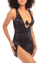 Oh La La Cheri Plunge Neck Underwire Chemise with Lace Inset in Black/Black Size Small at Nordstrom