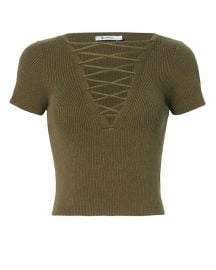 Olive Lace-Up Short Sleeve Sweater at Intermix