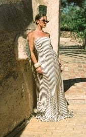 Olive Satin Bandeau Stripe Maxi Dress PrettyLittleThing USA at Pretty Little Thing