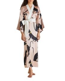 Olivia Von Halle Queenie Cat-Print Long Silk Robe - at Bergdorf Goodman