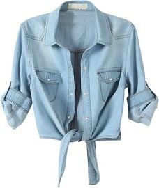 Omoone Womenx27s 34 Sleeve Denim Crop Top Tie Knot Shirt Cardigan at Womens Clothing store at Amazon