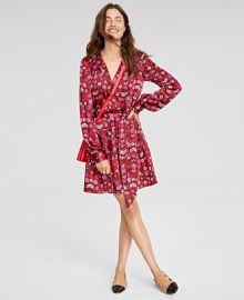 On 34th Womens Floral-Print Satin Collared Wrap Dress Created for Macys - Macys at Macys