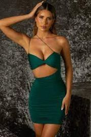 One Kiss Ruched Asymmetric Mini Dress in Emerald Green at Oh Polly