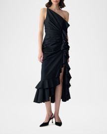 One-Shoulder Ruched Ruffle Midi Dress at Neiman Marcus