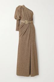 One-sleeve belted ruched Lurex gown at Net a Porter