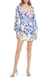 One33 Social Drape Front Bishop Long Sleeve Minidress in Blue Multi  at Nordstrom