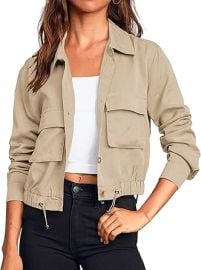 Onedreamer Women's Military Safari Cropped Jackets Button Down Lightweight Oversized Utility Anorak Coat with Pockets at Amazon