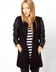 Only  Only Collarless Tweed Coat With Leather Look Sleeve at Asos