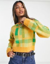 Only cropped sweater in yellow green check at ASOS