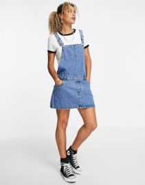 Only denim pinafore dress in washed blue at ASOS