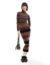 Only high neck ribbed maxi dress in brown stripe at ASOS