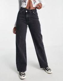 Only high waisted wide leg jeans with uneven closure in black at ASOS